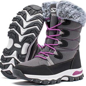 HOBIBEAR Kids Winter Snow Boots Waterproof Lined w/ Faux Fur (Gray/Purple)/Size